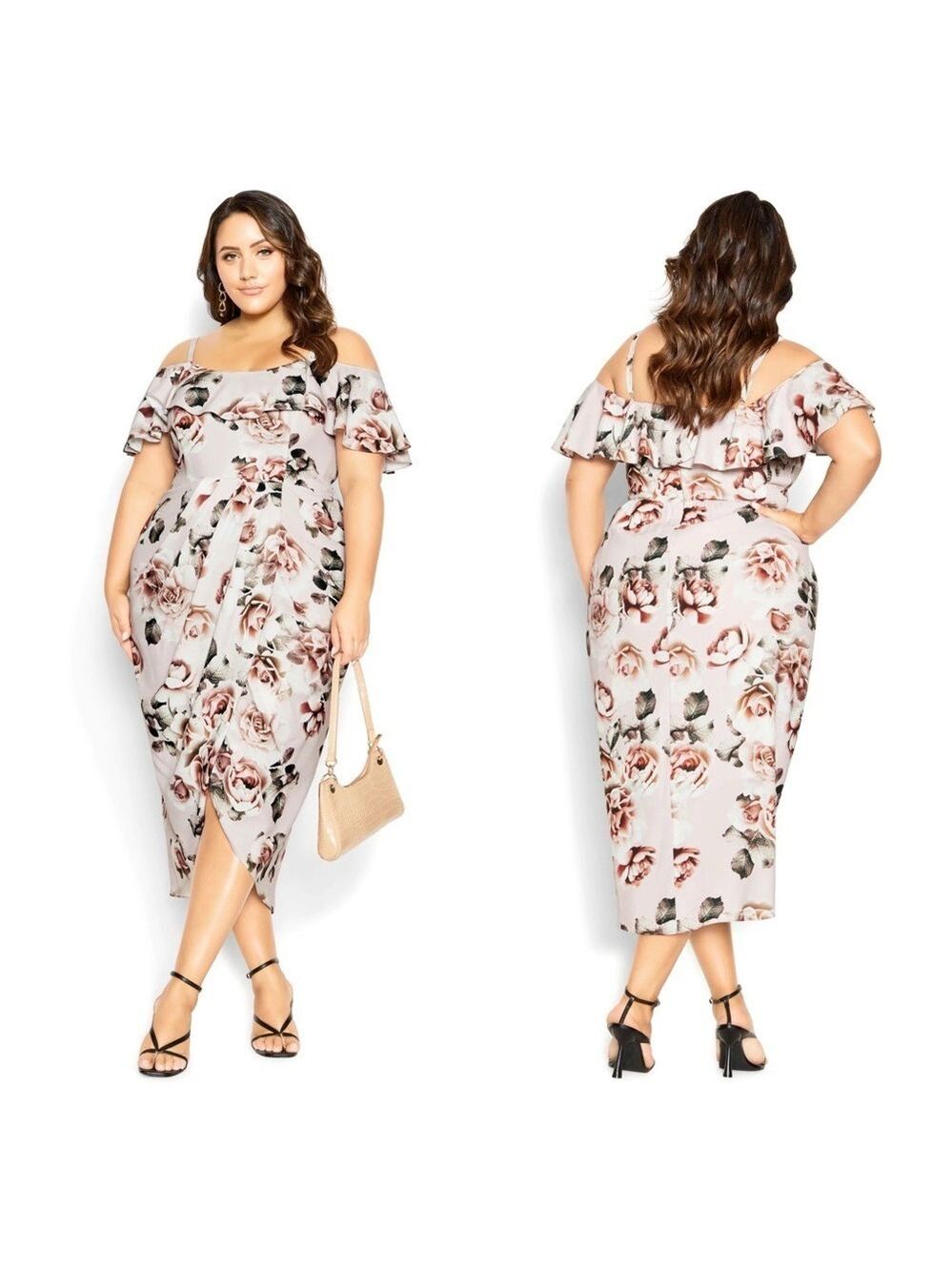 City Chic Champagne Floral Ruffle Midi Dress